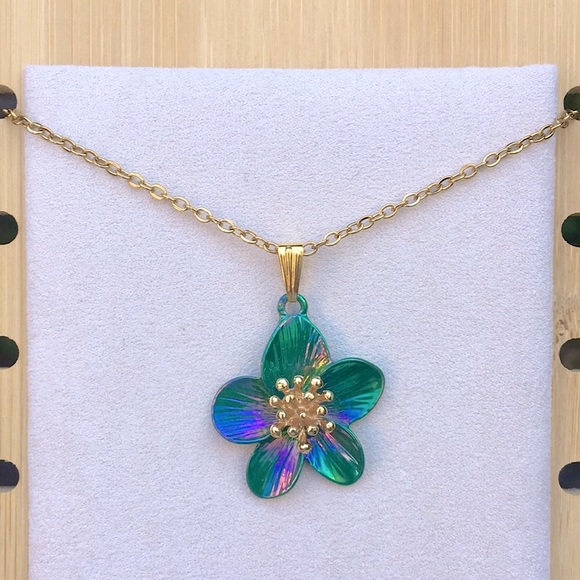 Iridescent Emerald Green, Blue + Gold Flower Drop Pendant Necklace - Picture 3 of 8